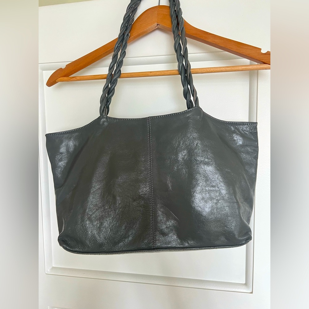 Gray latico leather handbag - twisted handles - floral interior